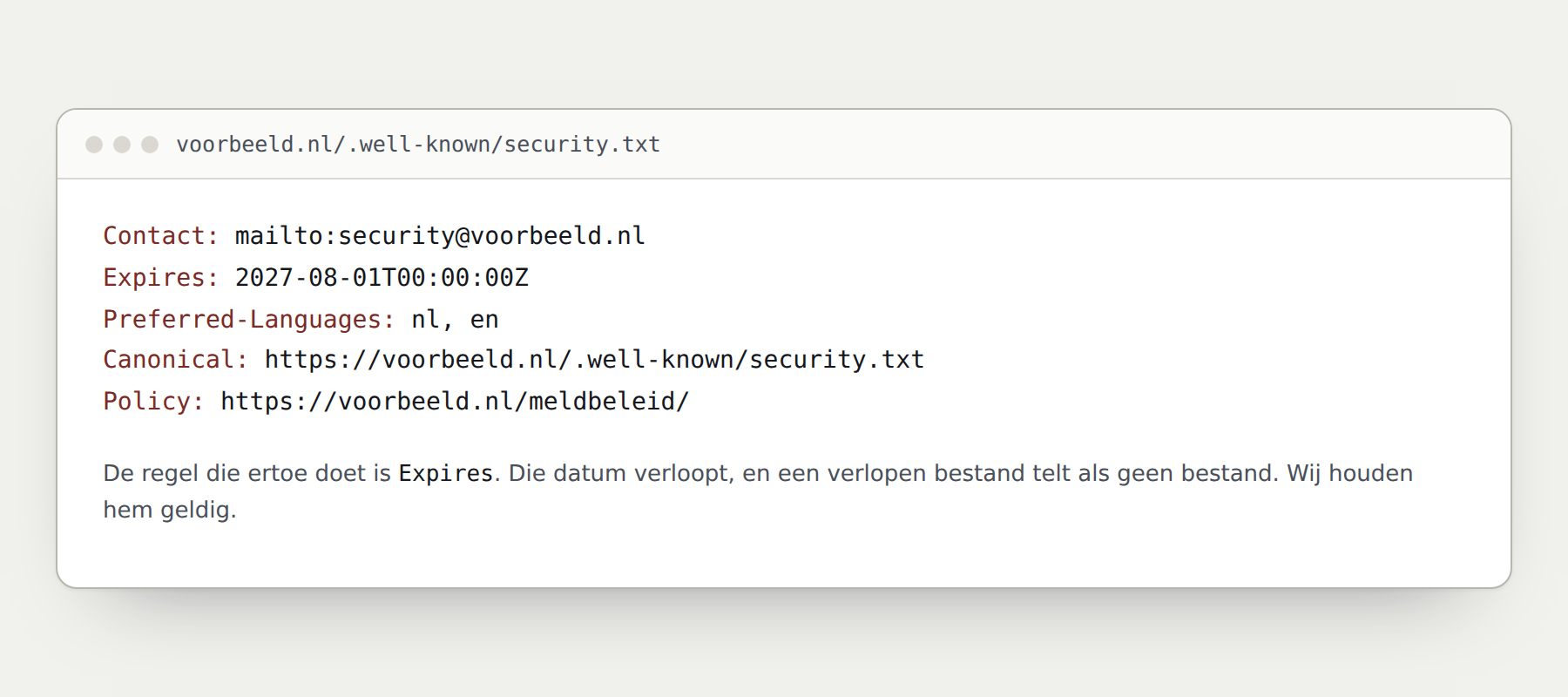 Voorbeeld van een security.txt met een geldige vervaldatum